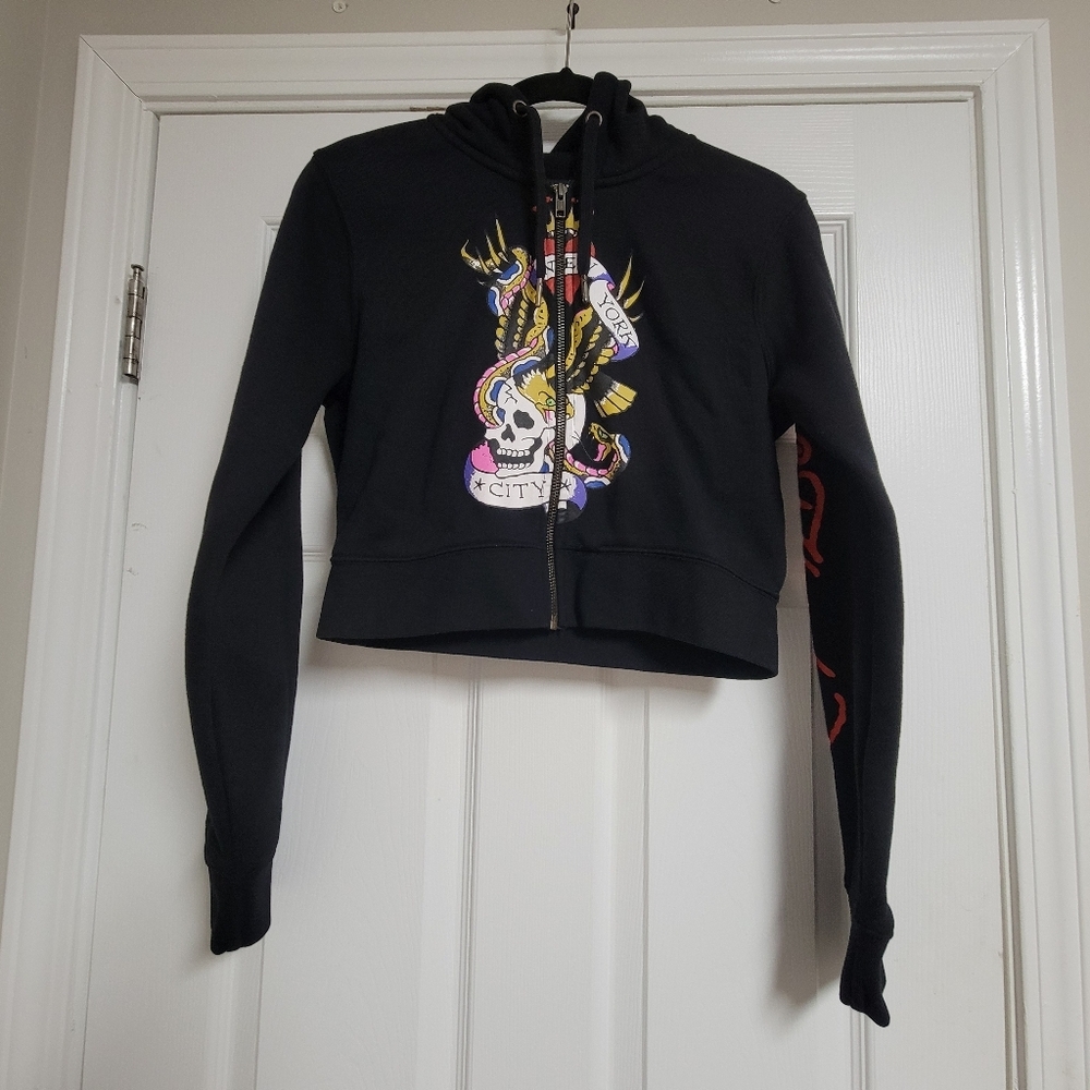 Ed Hardy Black New York City Nyc Skull Cropped Hoodie Size Large. - Picture 7 of 12
